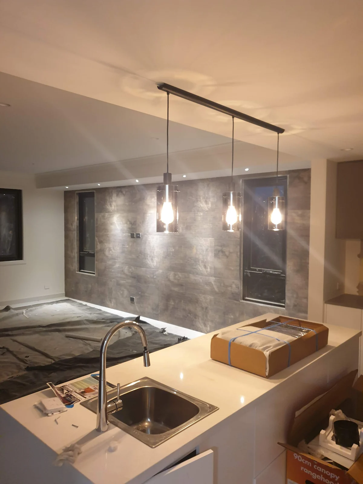 Finished residential kitchen with ceiling lights